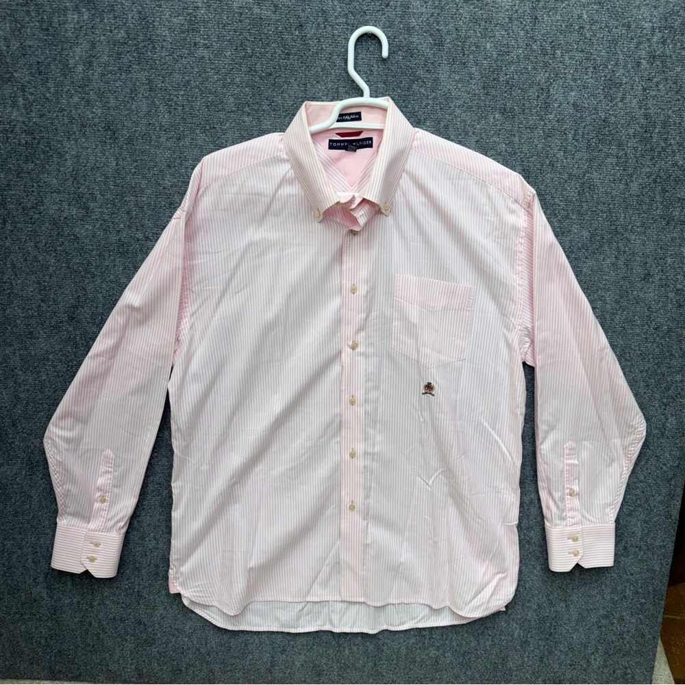 Tommy Hilfiger 80's 2 ply fabric long sleeve button up shirt pink men's size XL
